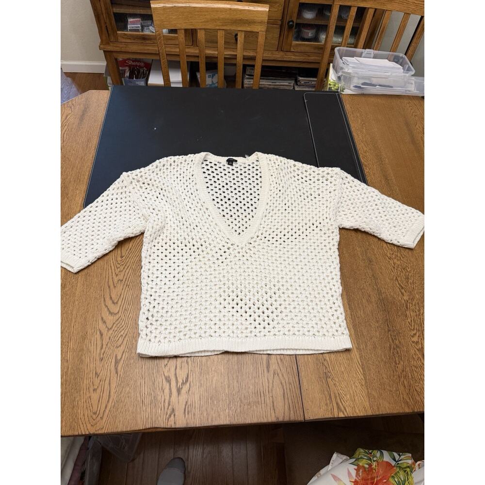 Ann Taylor White Open-Knit Pullover Sweater V-Neck 3/4 Sleeve XL